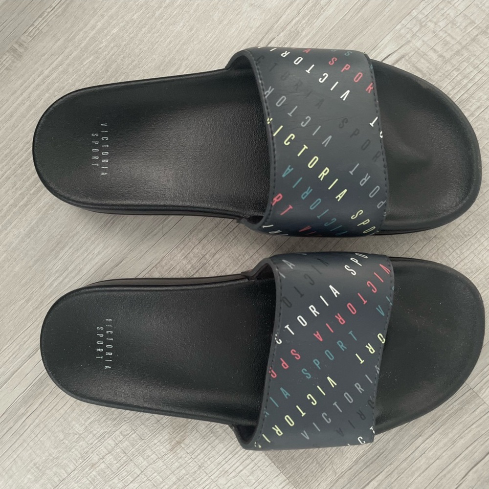 Victoria's Secret Black Slide Sandals with Multicolor Logo